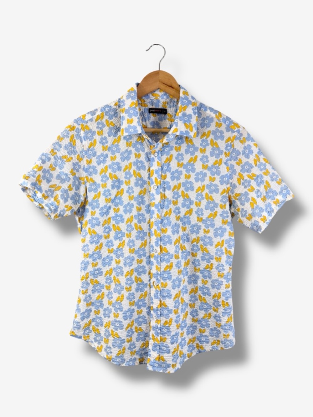 Postmarc Blue Apricot Floral Seersucker Shirt Size S Button Down Preppy Casual